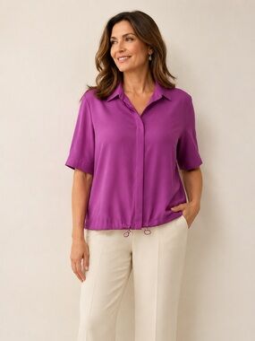 Chico’s Size 2 Magenta Stretch Blouse Drawstring Hem Short Sleeve
